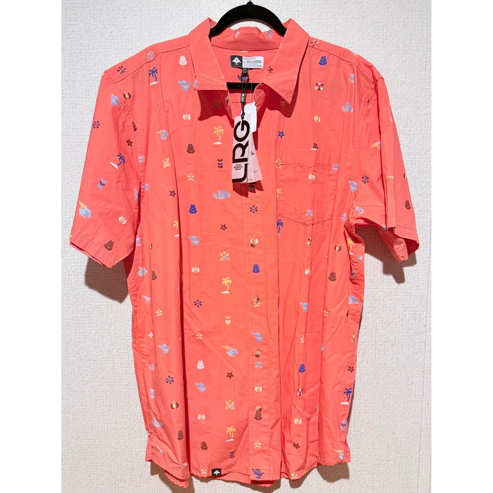 LRG Mens 3XL Coral Orange Tropical Palm Print Short Sleeve Button Down Shirt NWT